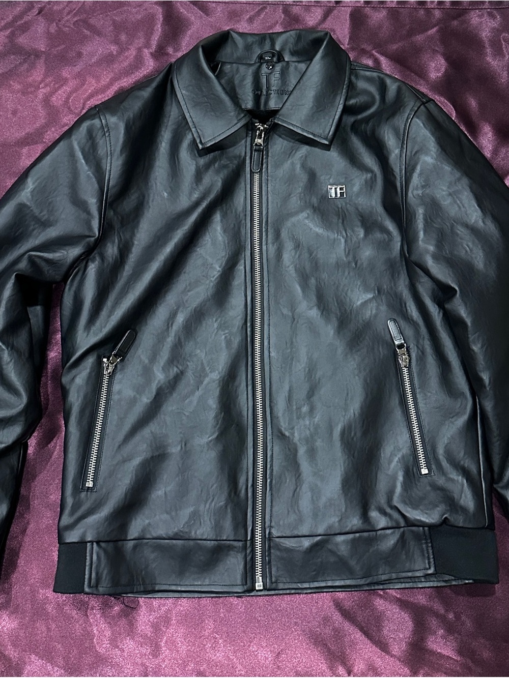 Tommy Hilfiger Black Leather Bomber Jacket with Zip Pockets